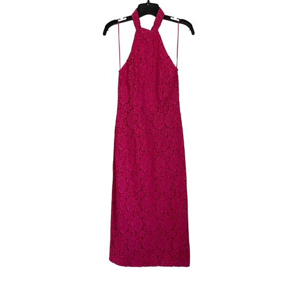 Zara Fuchsia Lace Halter Backless Long Midi Back Slit Lined Sheath Dress Sz XS - Picture 2 of 8